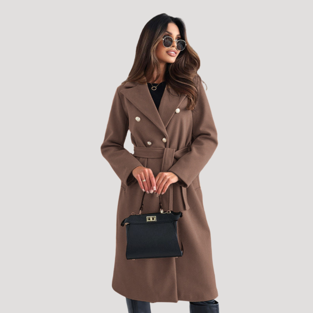 Double breasted belted longline coat with a self tie belt