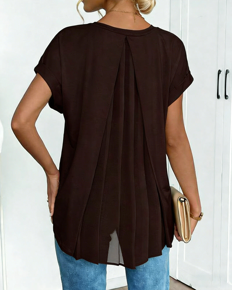 V-Neck Solid Colour Patchwork Short Sleeve T-Shirt