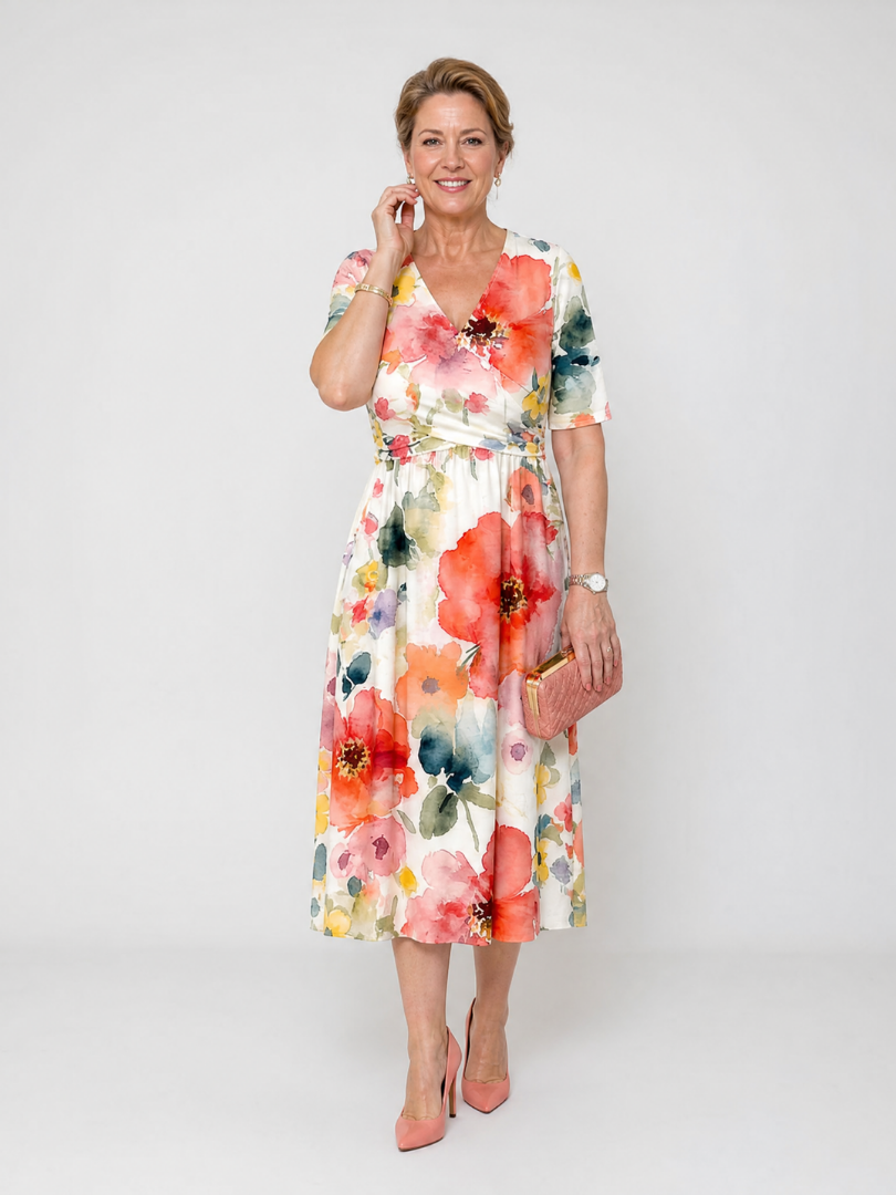 Corinne floral midi dress, styled on model