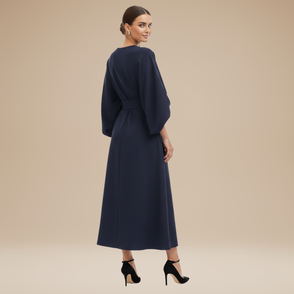 Belted wide sleeve wrap midi dress, waist belt detail