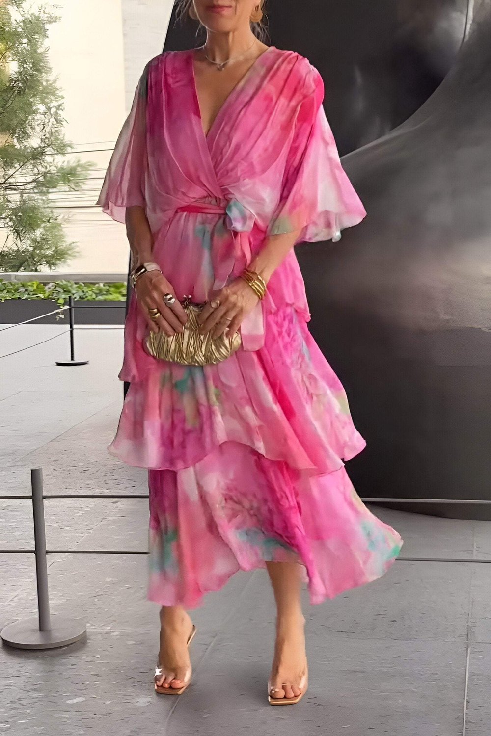 Blue bohemian maxi dress side profile view