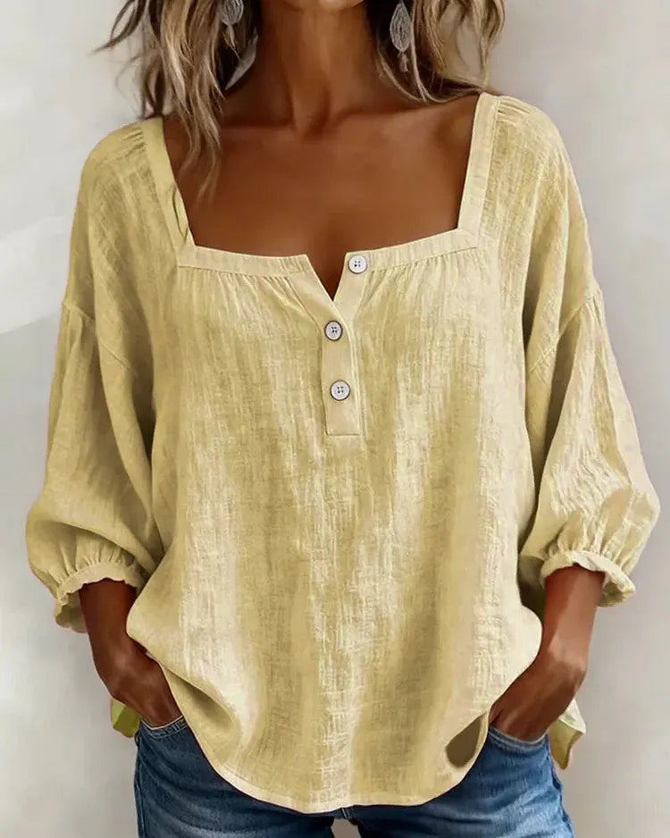 Boho half-button shirt in grey, smart casual garden party styling | Alba Muse