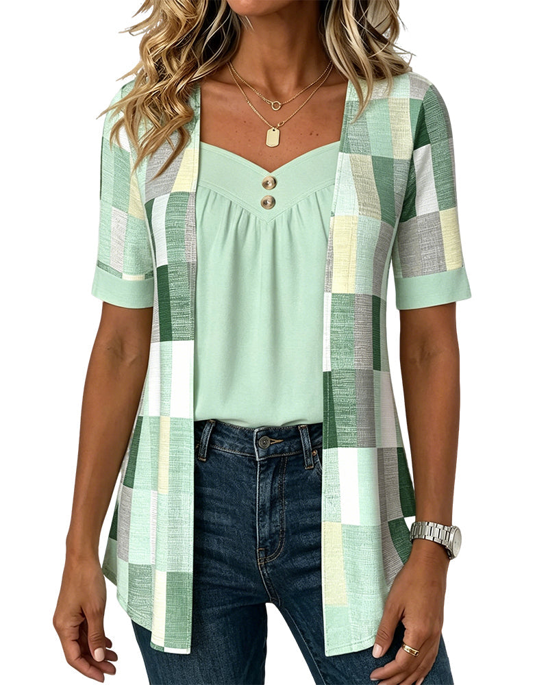 Geometric print faux layer top, detail view
