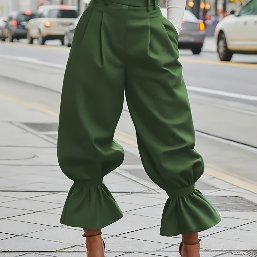 Fern Green high-waisted wide-leg ruffled-hem Trousers, front view