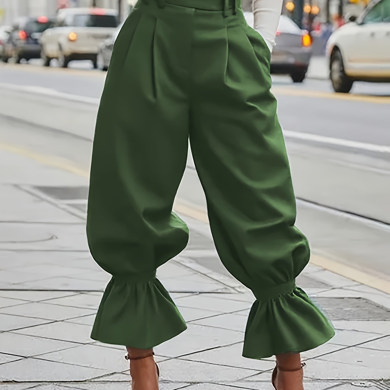 Fern Green high-waisted wide-leg ruffled-hem Trousers, front view