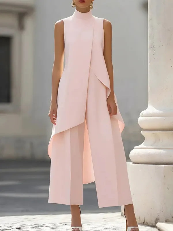 Cream white high neck tunic and wide leg trouser set, styling view