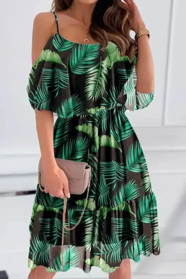 Floral print summer mini dress in black, front view