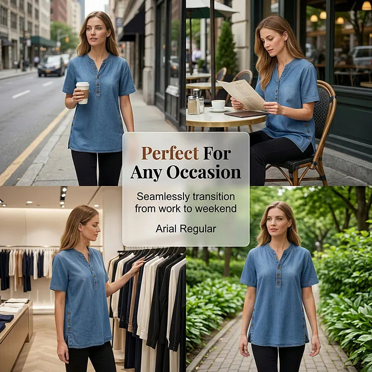 Short-sleeve denim shirt in blue, model wearing casual outfit | Alba Muse
