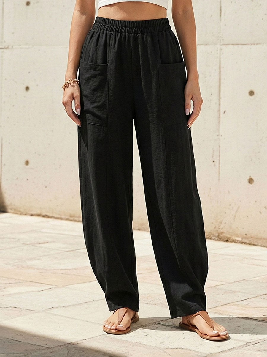 Loose Fit Elastic-Waist Trousers with Pockets