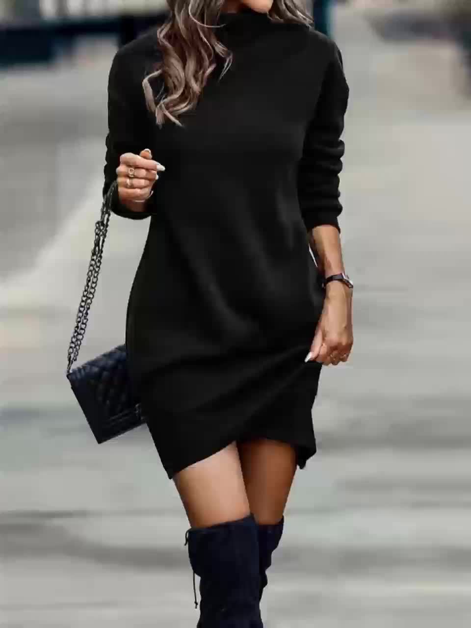 Black High Neck Knit Mini Dress
