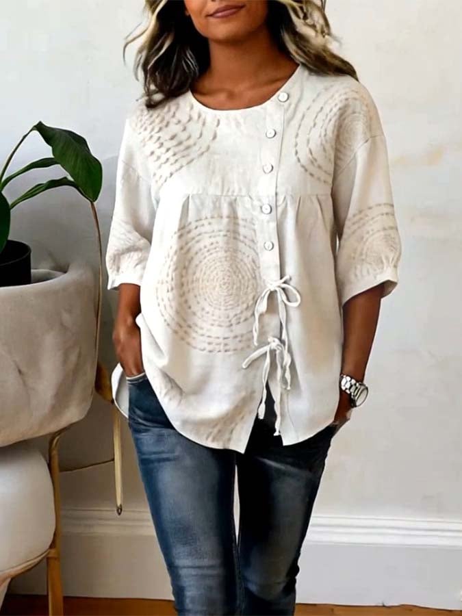 Textured embroidery linen button blouse, back view