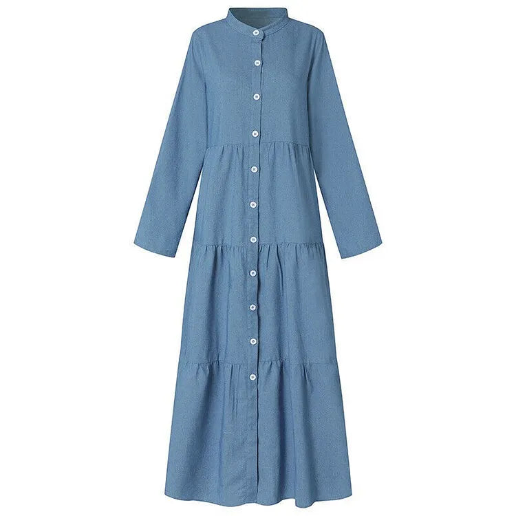 Long sleeve denim maxi dress full-length view, elegant occasion styling | Alba Muse