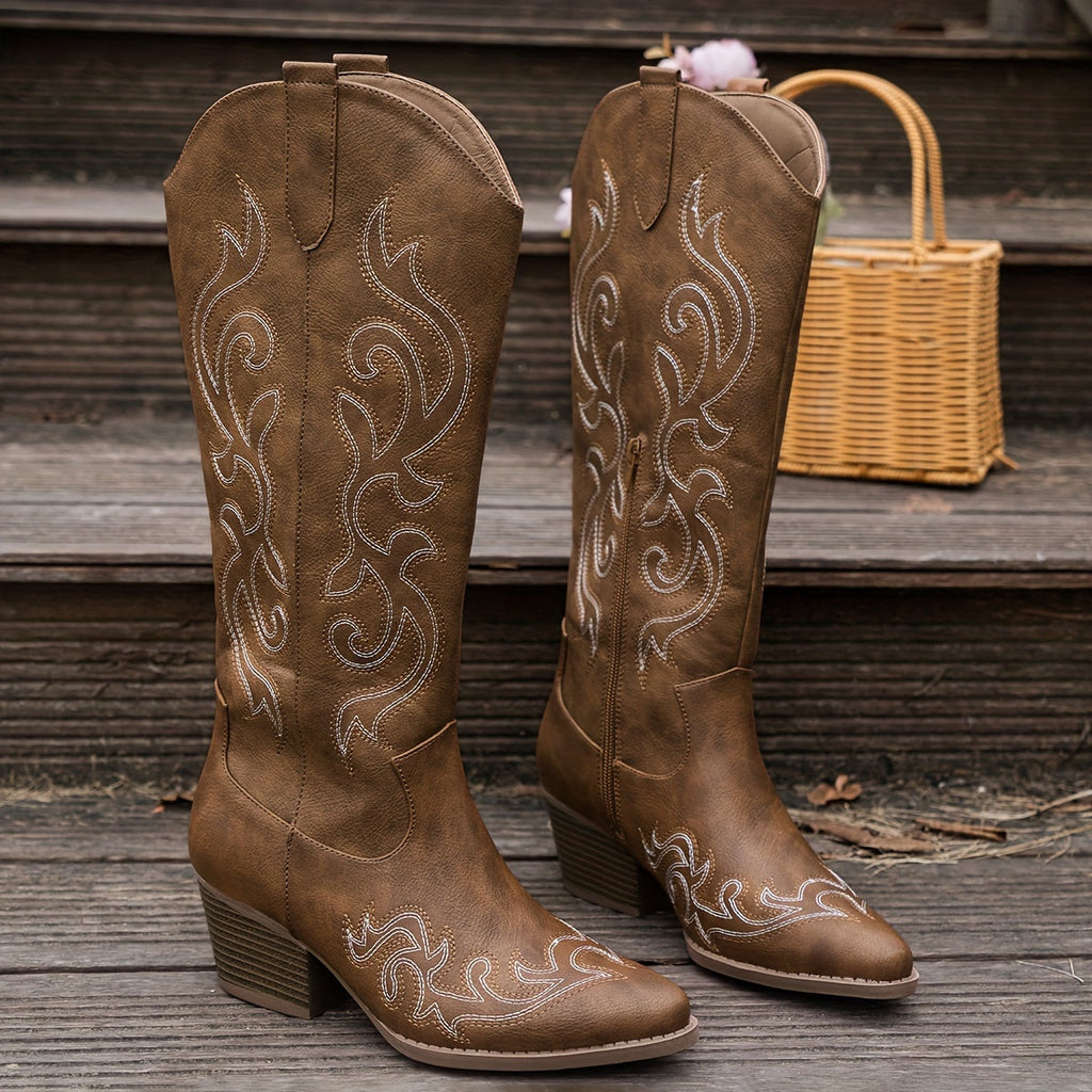 Knee-High Cowboy Boots with Block Heel