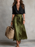 Boho flowy skirt and top two-piece set in black, front view