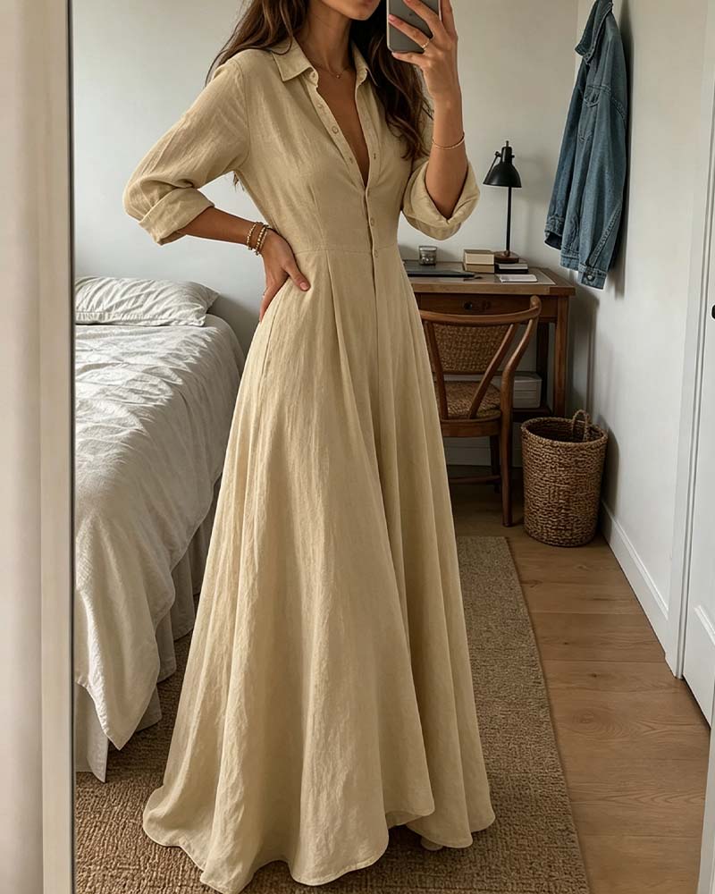 Khaki Shirt Collar Full Skirt Fitted-Waist Shirt Dress
