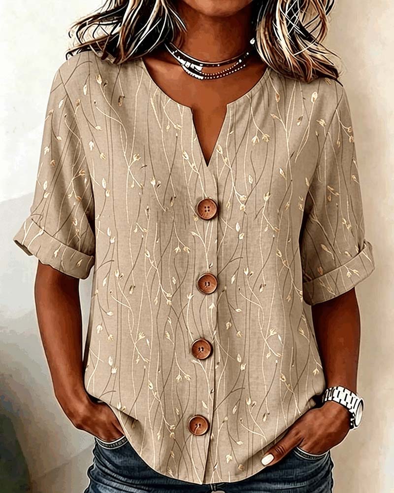 Print V-neck button front short sleeve blouse in khaki, front view