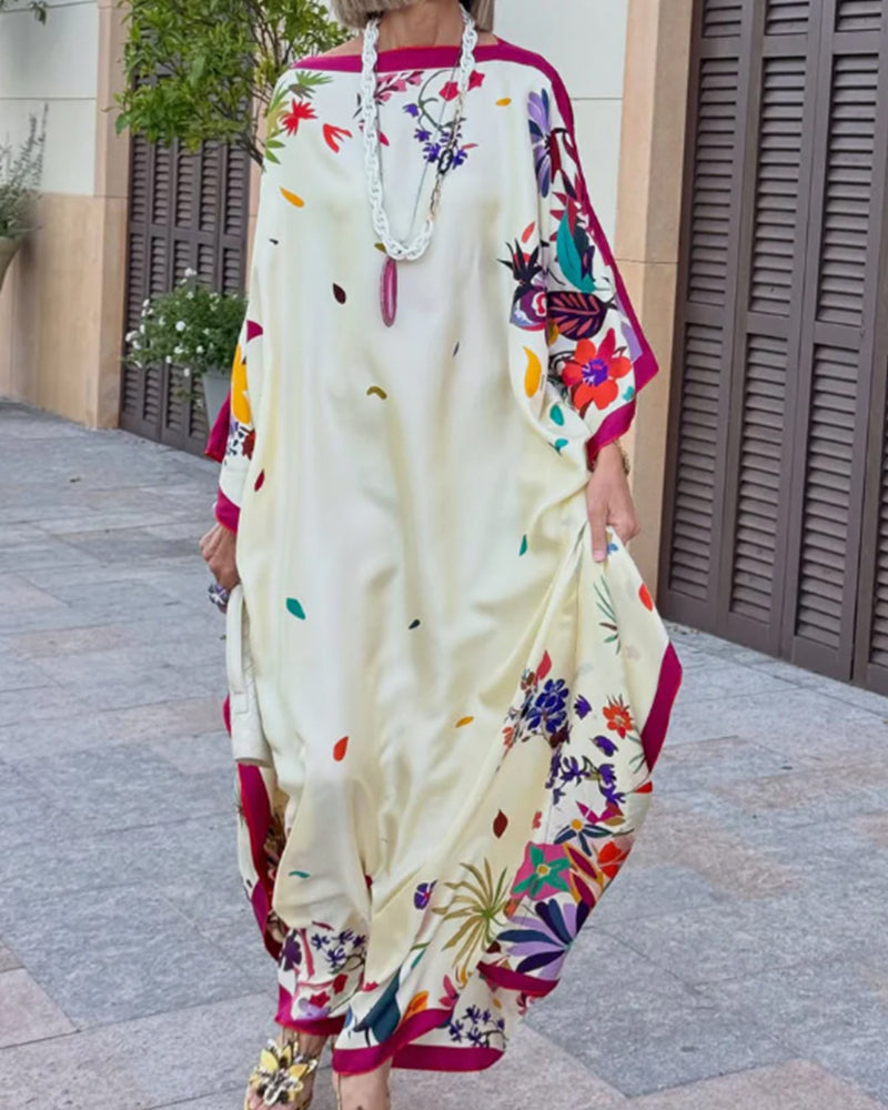 Loose batwing off-shoulder maxi dress in fuchsia, full view