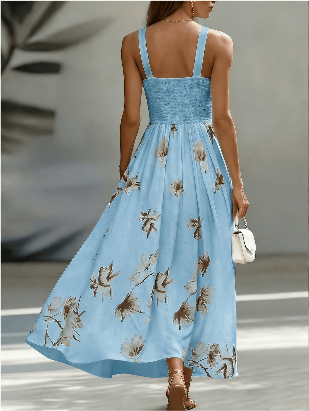 Shirred Geometric Print V-Neck Midi Dress