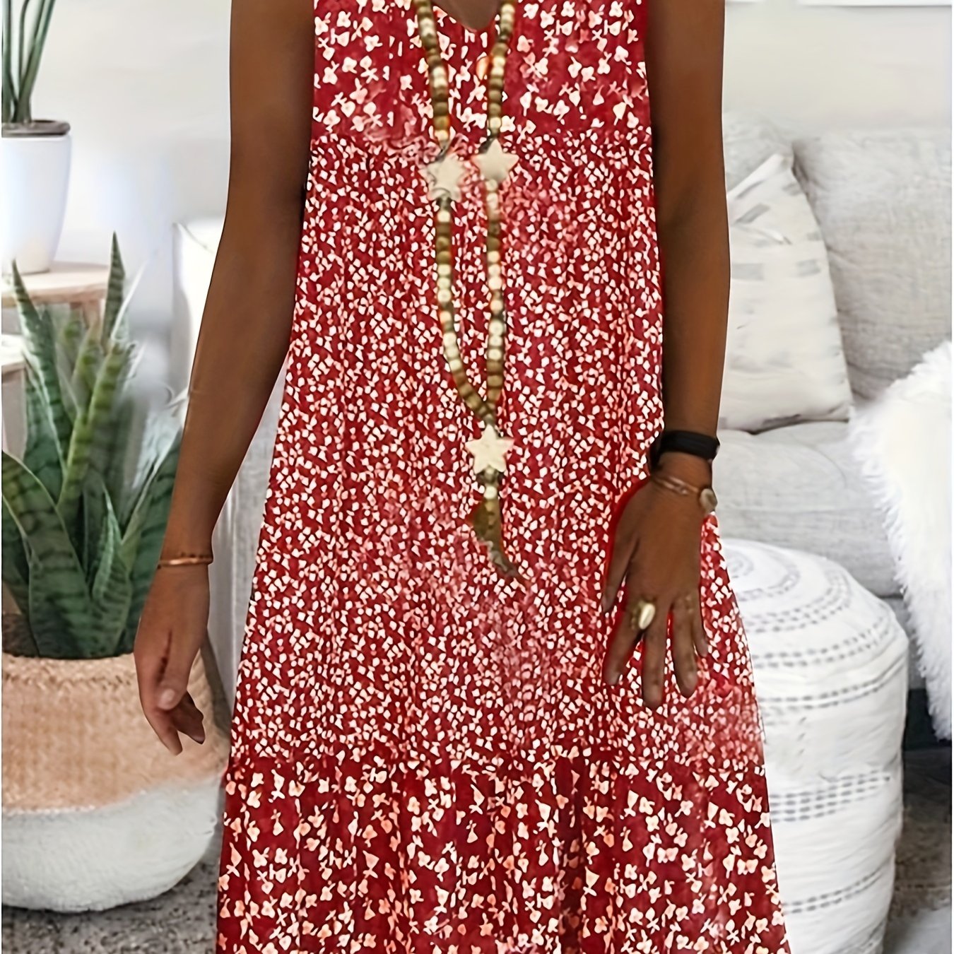 Directional print V-neck sleeveless summer midi dress | Alba Muse