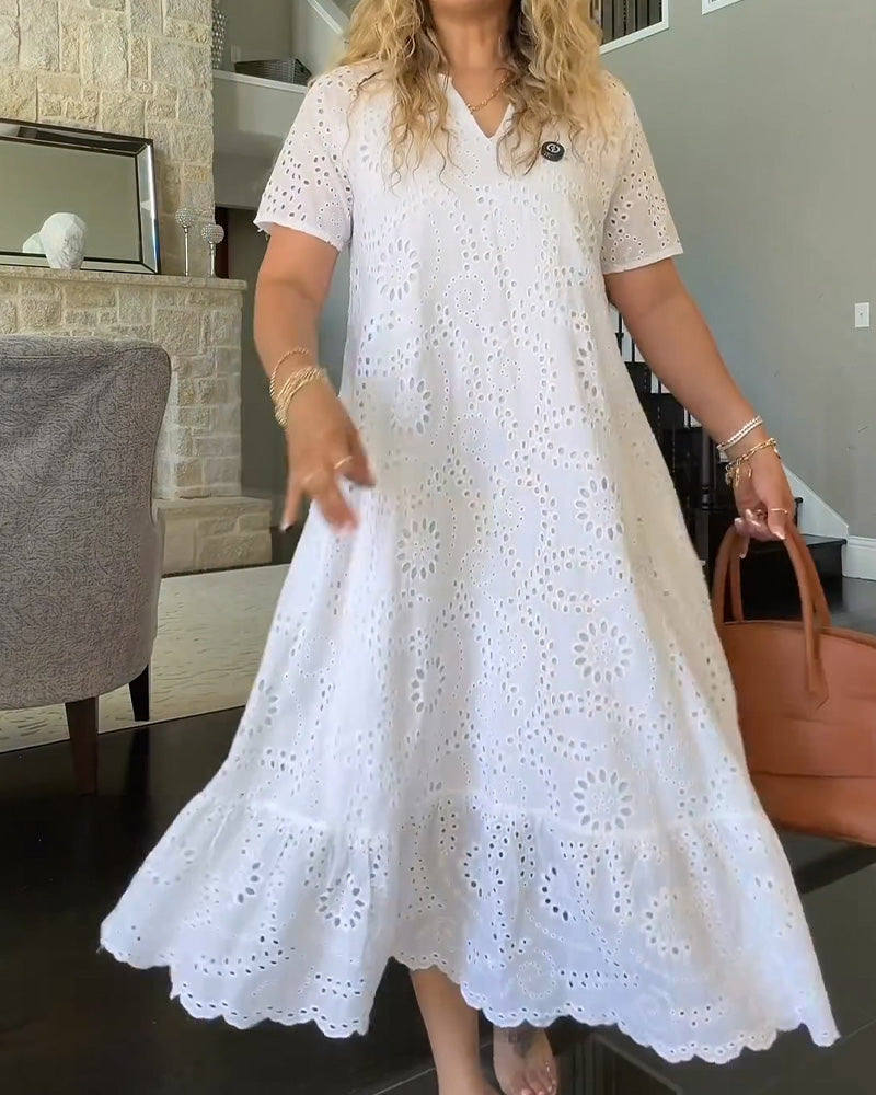 White V-Neck Hollow-Out Ruffle Trim Midi Dress