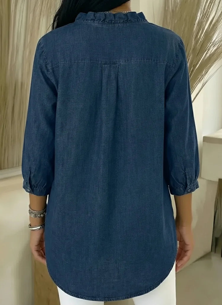Casual denim shirt with ruffle detail in grey, relaxed fit | Alba Muse