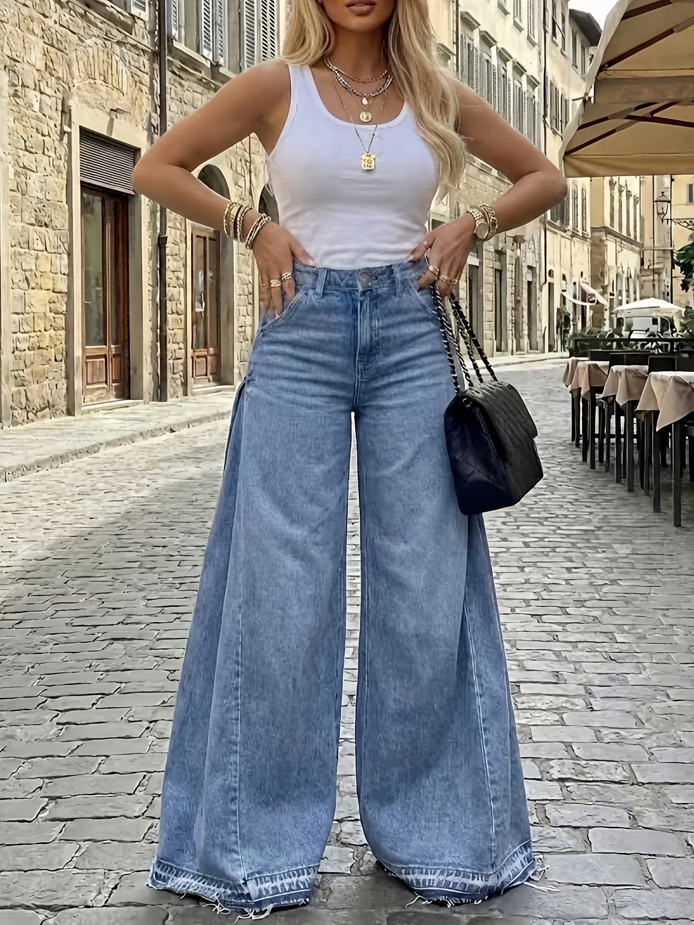 High-Waist Flare Leg Wide Denim Jeans — worn on model