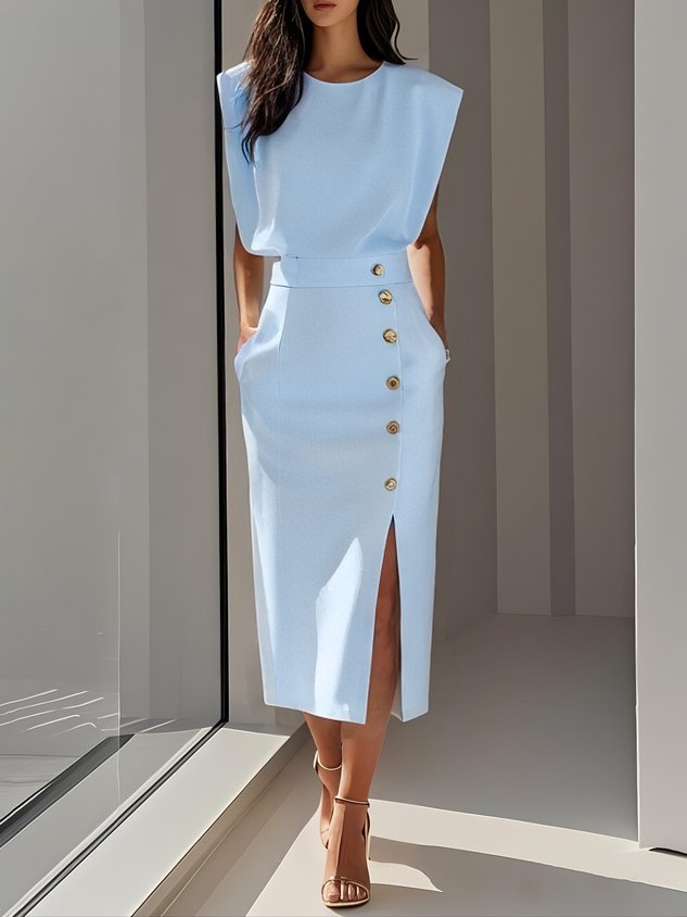 Solid Midi Dress with Button Slit