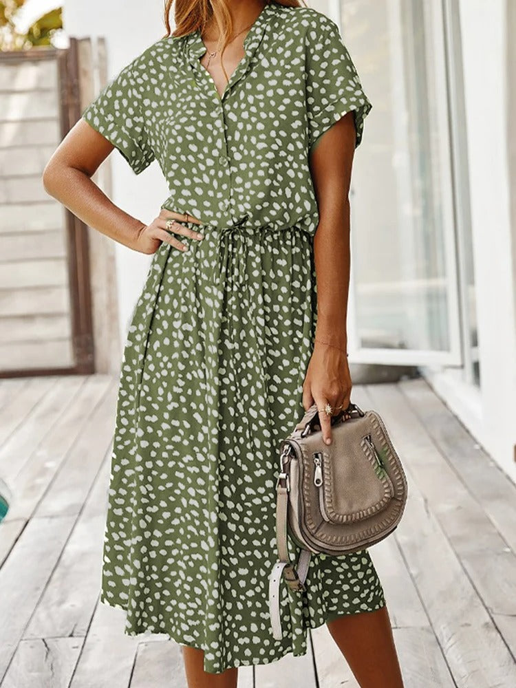 Women's Light Print Flowing Midi Dress detail view - Casual Summer Wedding Guest Midi Dress