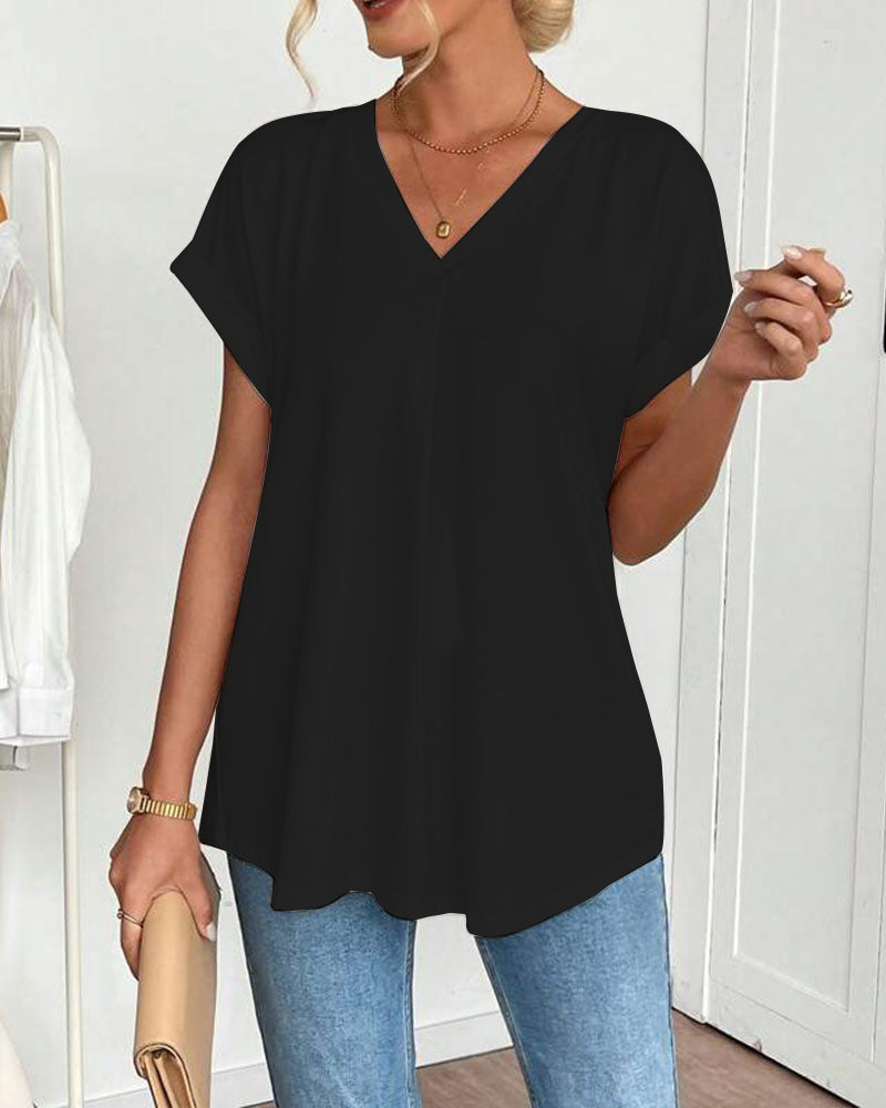 V-Neck Solid Colour Patchwork Short Sleeve T-Shirt