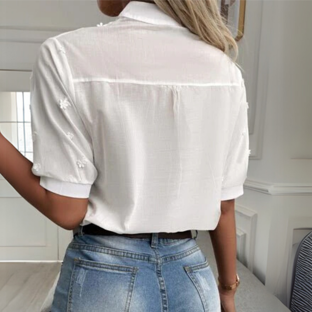 Cutout embroidered blouse with split neckline, elegant summer style | Alba Muse