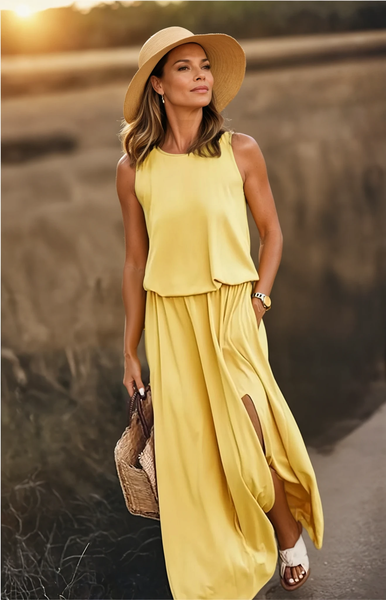Minimal sleeveless maxi dress side view