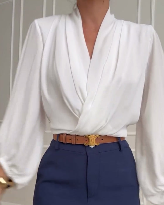 Women's V-Neck Lantern Sleeve Blouse — worn on model