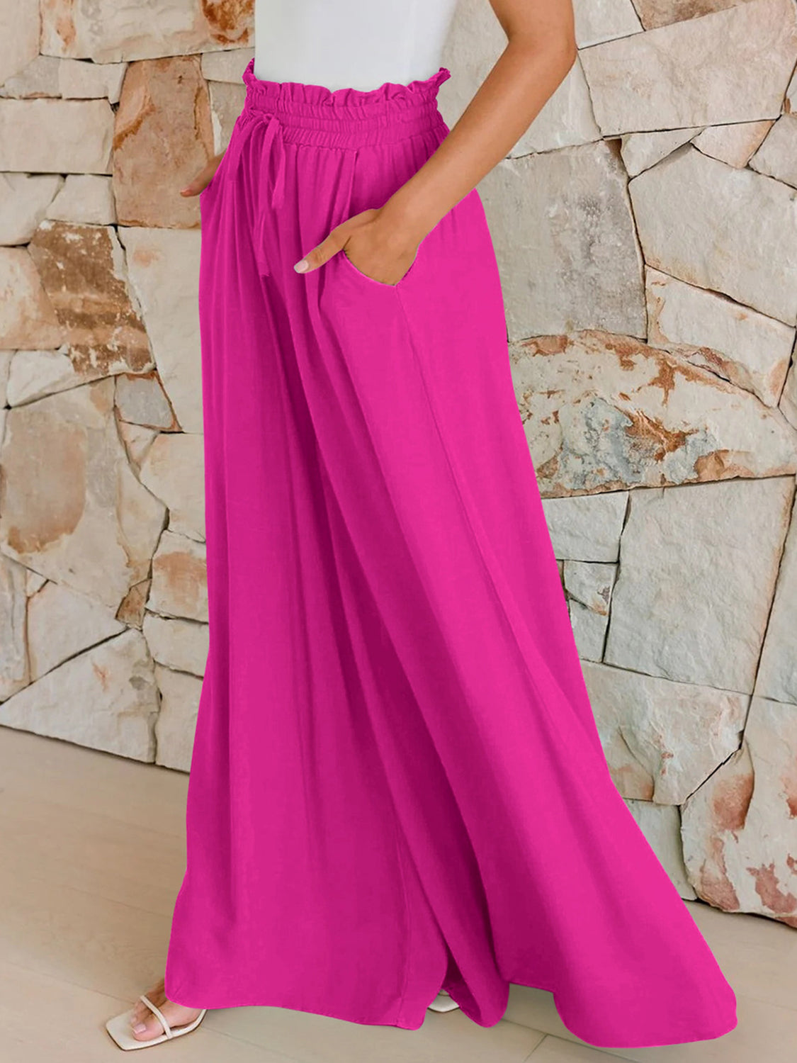 Women's Drawstring Wide Leg Trousers with Pockets – Casual