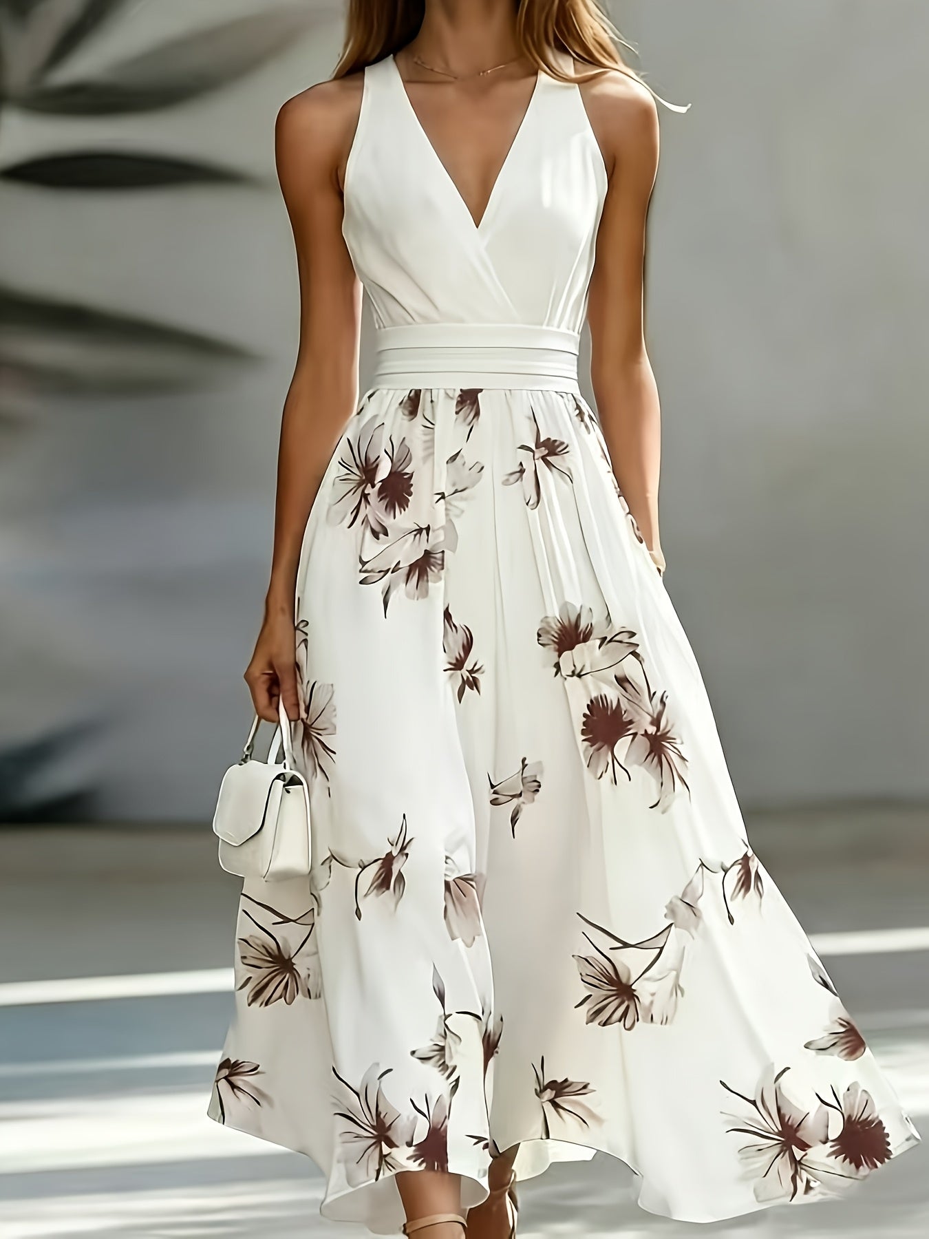 Shirred Geometric Print V-Neck Midi Dress