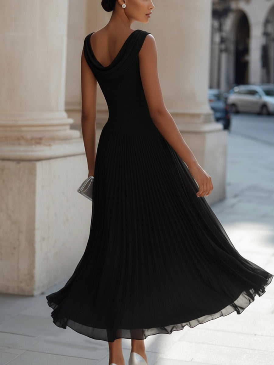 Sleeveless pleated midi dress with draped neckline, flowing skirt detail