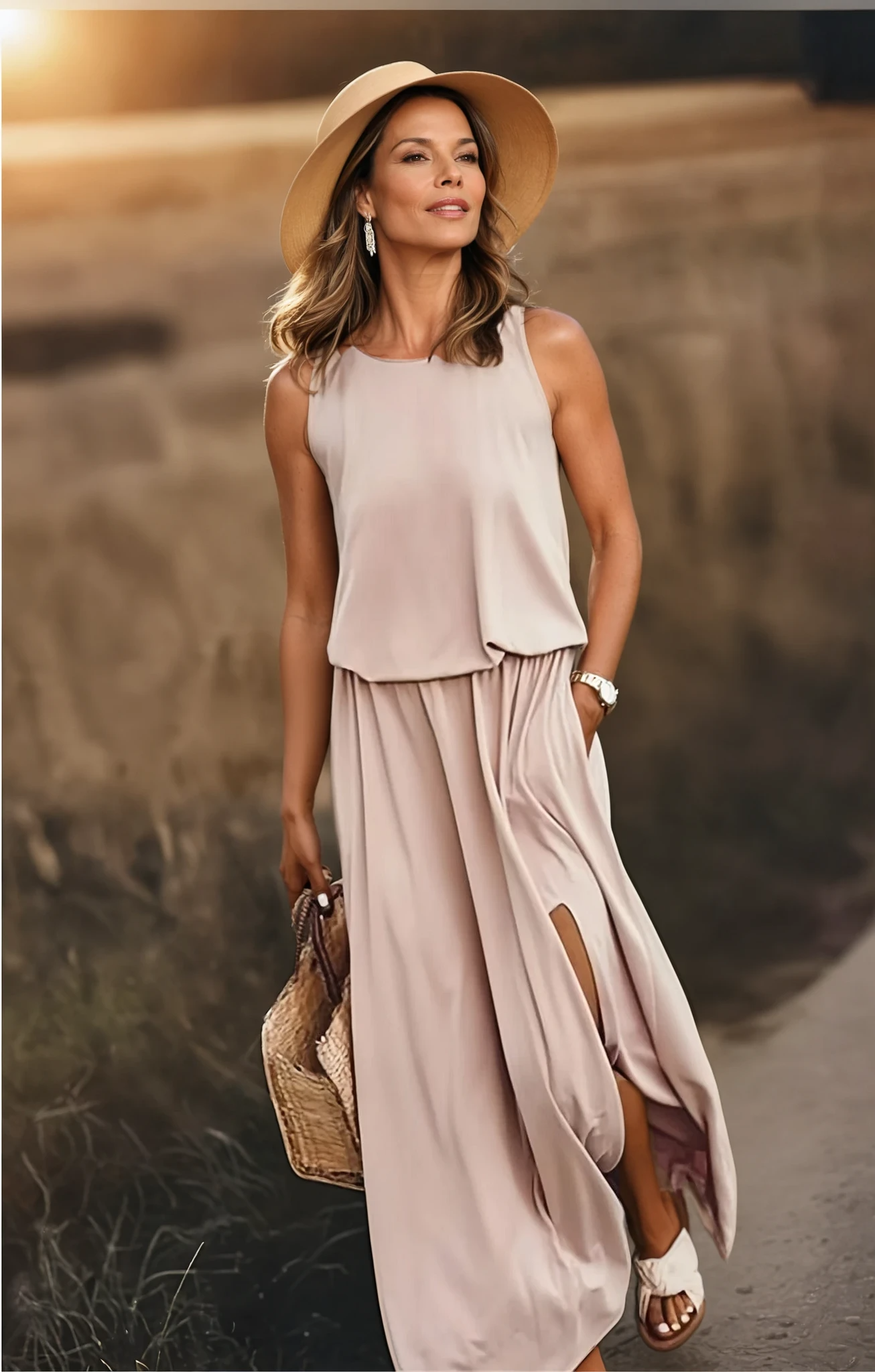 Women's Round Neck Sleeveless Gathered Waist Maxi Dress pocket detail - Casual Summer Maxi Dress