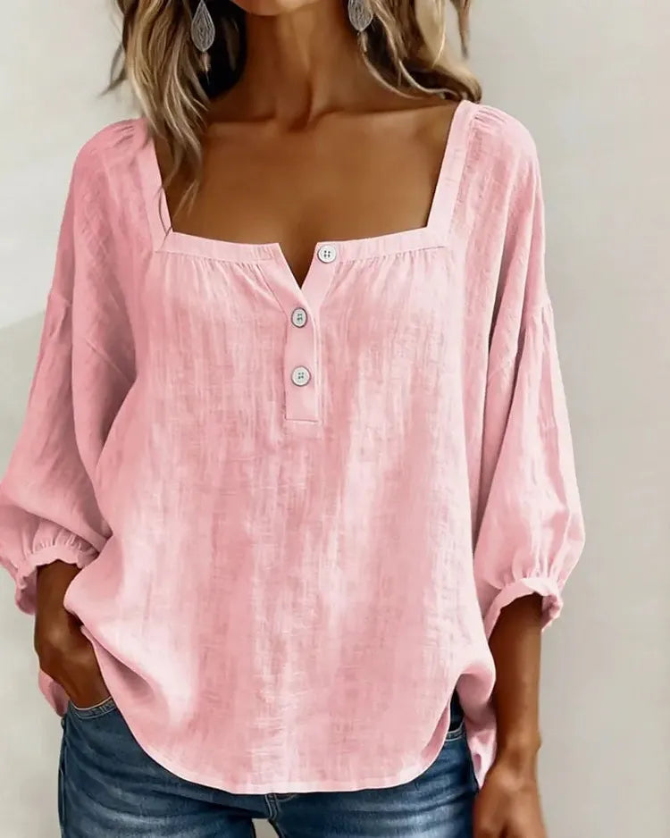 Square neck half-button shirt in grey, relaxed loose silhouette | Alba Muse