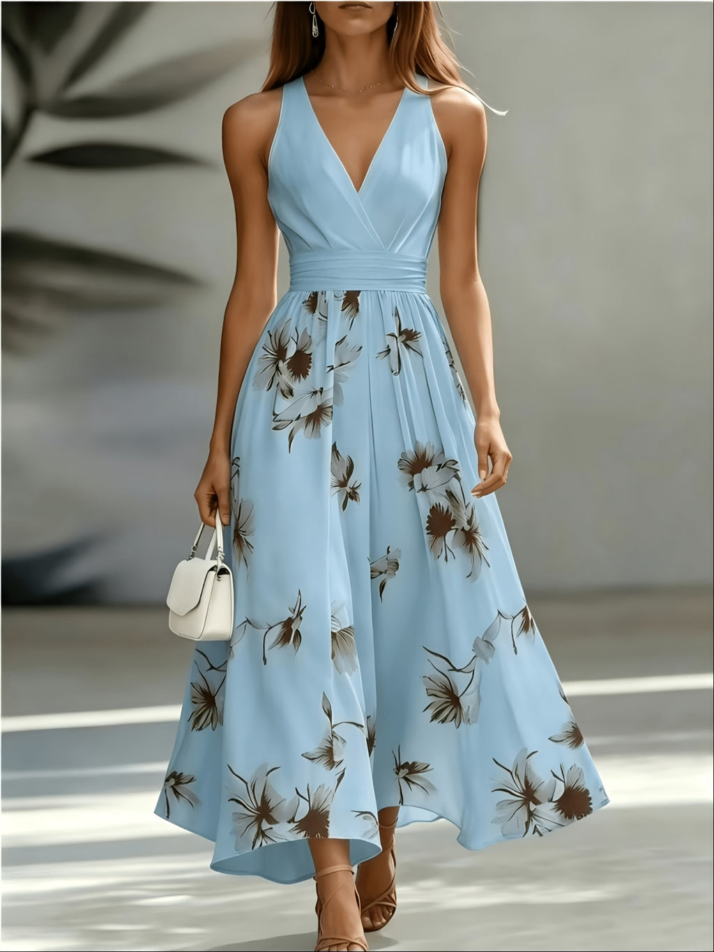 Shirred Geometric Print V-Neck Midi Dress — worn on model