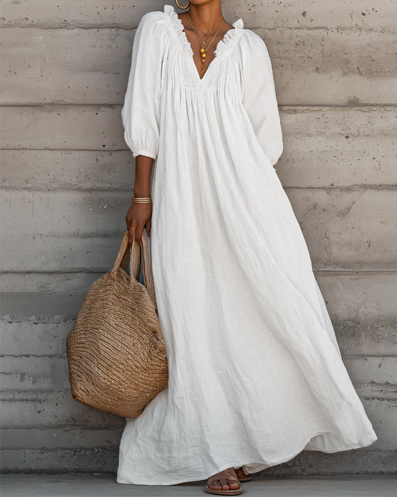 White Bubble Sleeve Full Skirt Maxi Dress