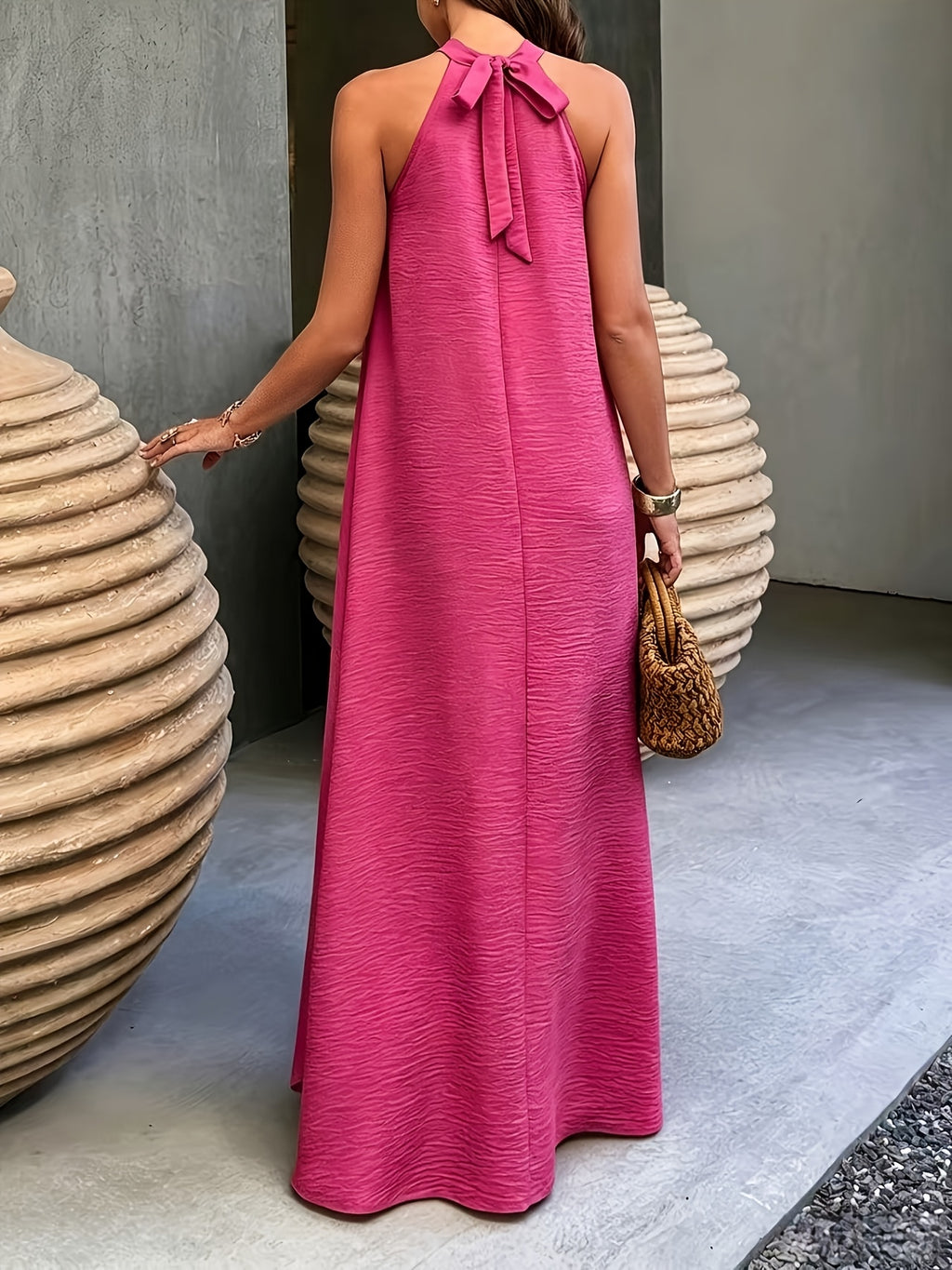 Ribbed Neckline Boho Beach Maxi Dress in Yellow, front view