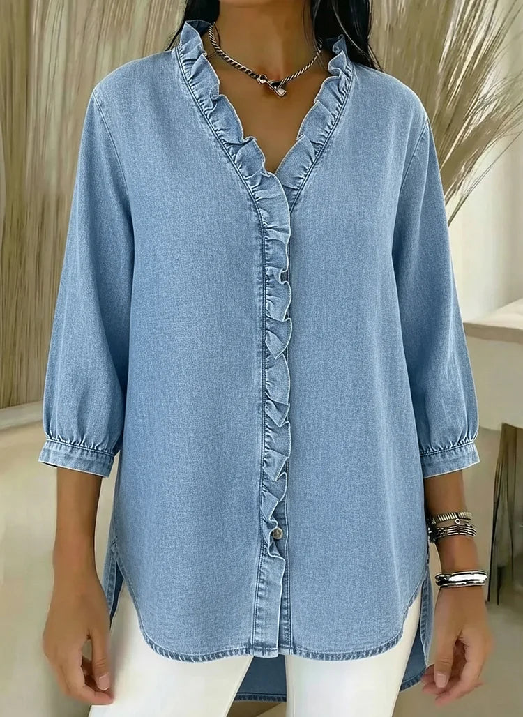 Casual denim ruffled shirt model wearing with jeans, casual styling | Alba Muse