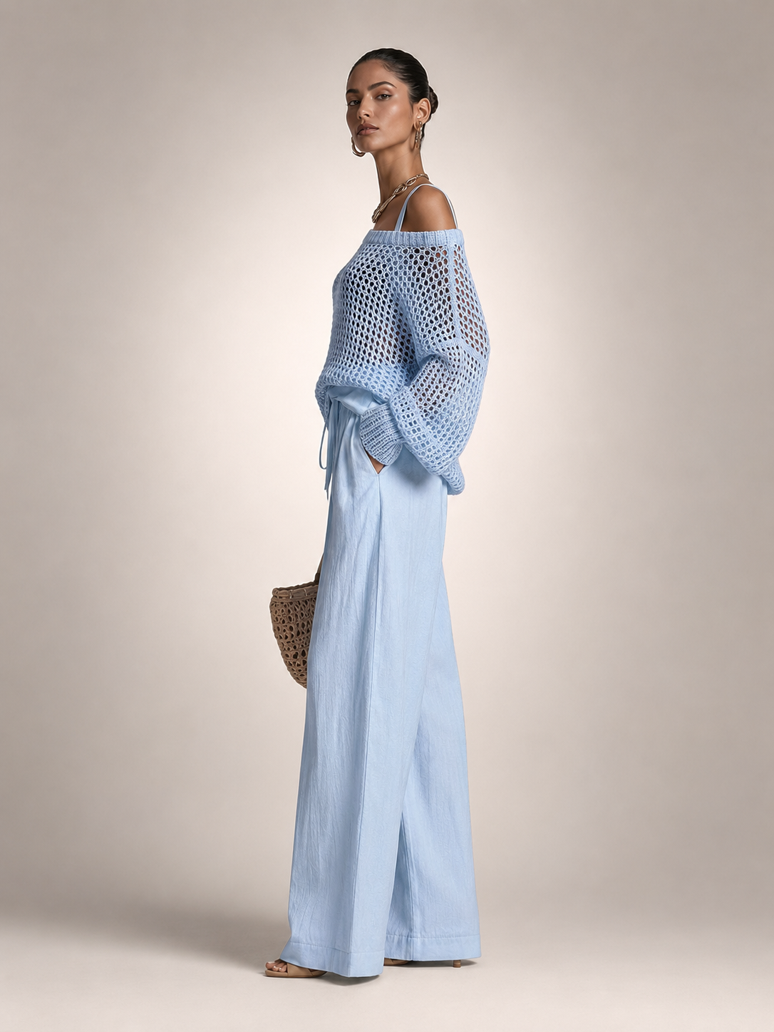 Off-Shoulder Knit Co-Ord Set with Wide-Leg Trousers