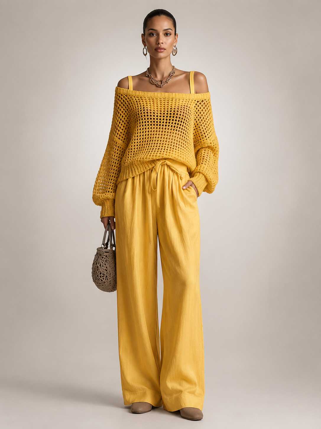 Off-Shoulder Knit Co-Ord Set with Wide-Leg Trousers