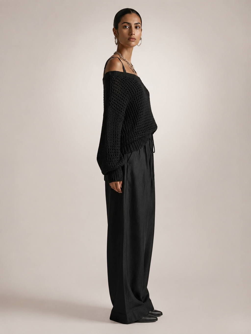 Off-Shoulder Knit Co-Ord Set with Wide-Leg Trousers