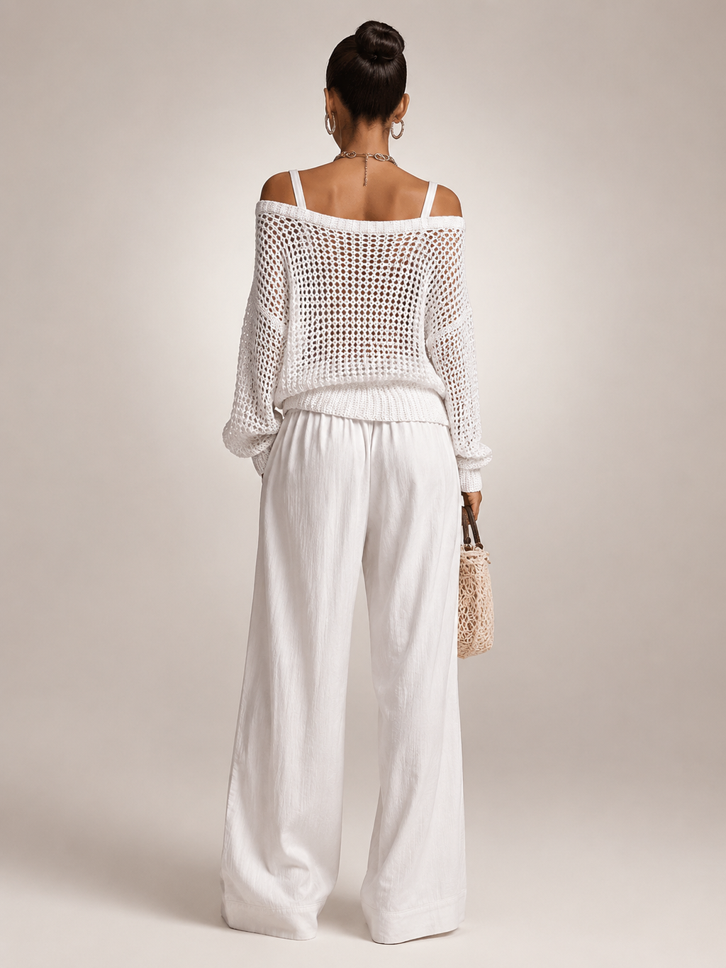 Off-Shoulder Knit Co-Ord Set with Wide-Leg Trousers