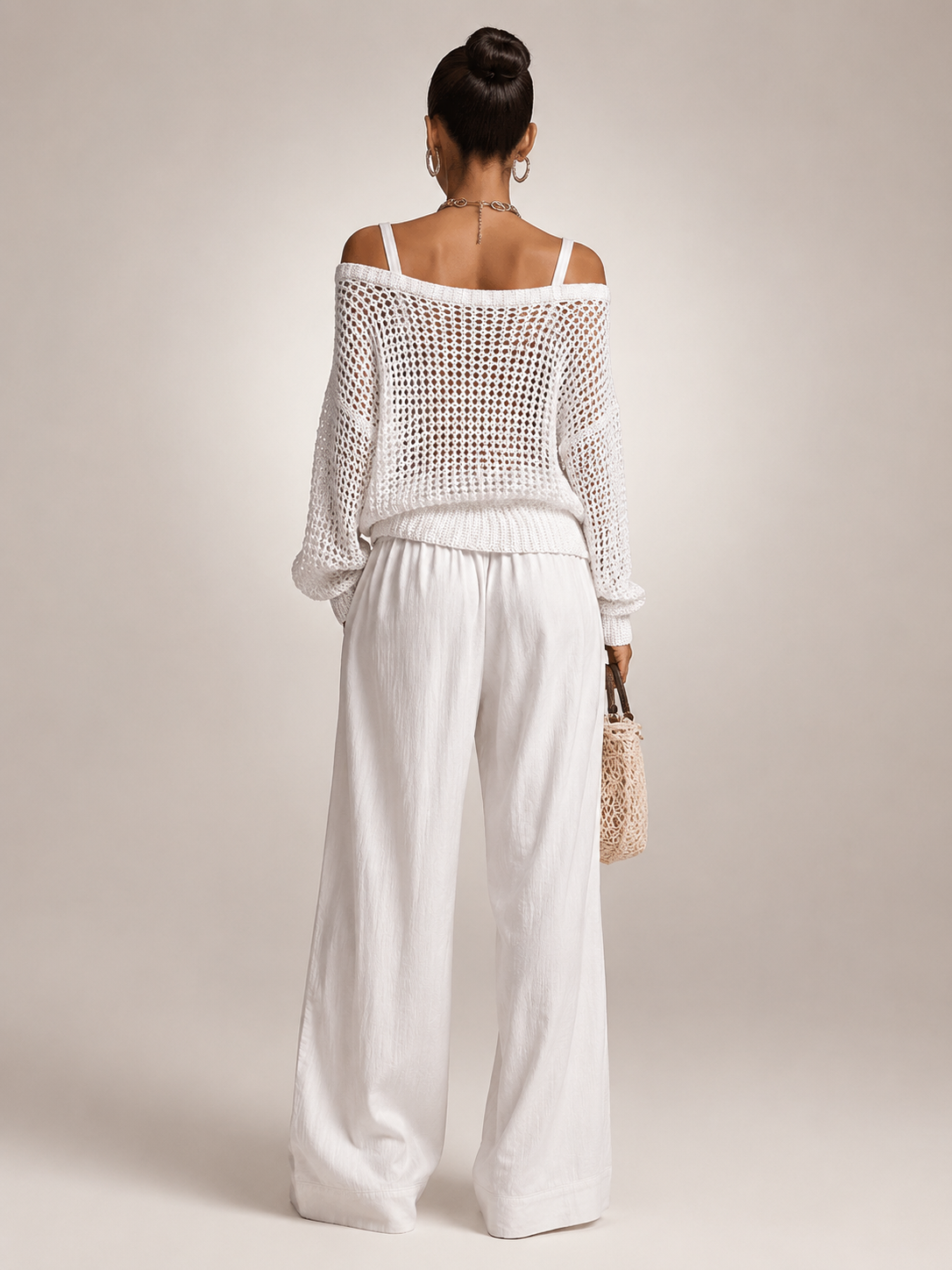Off-Shoulder Knit Co-Ord Set with Wide-Leg Trousers