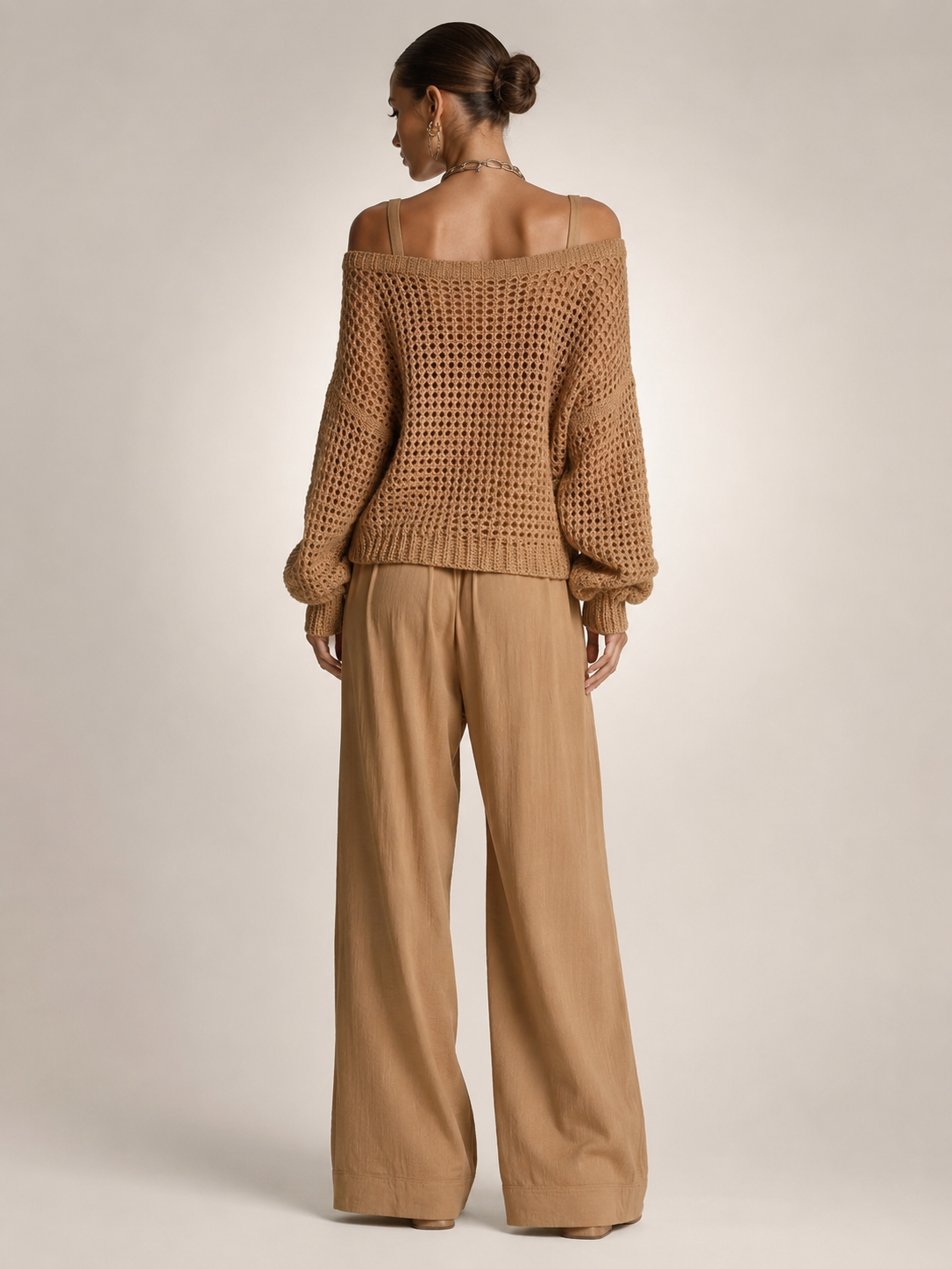Off-Shoulder Knit Co-Ord Set with Wide-Leg Trousers