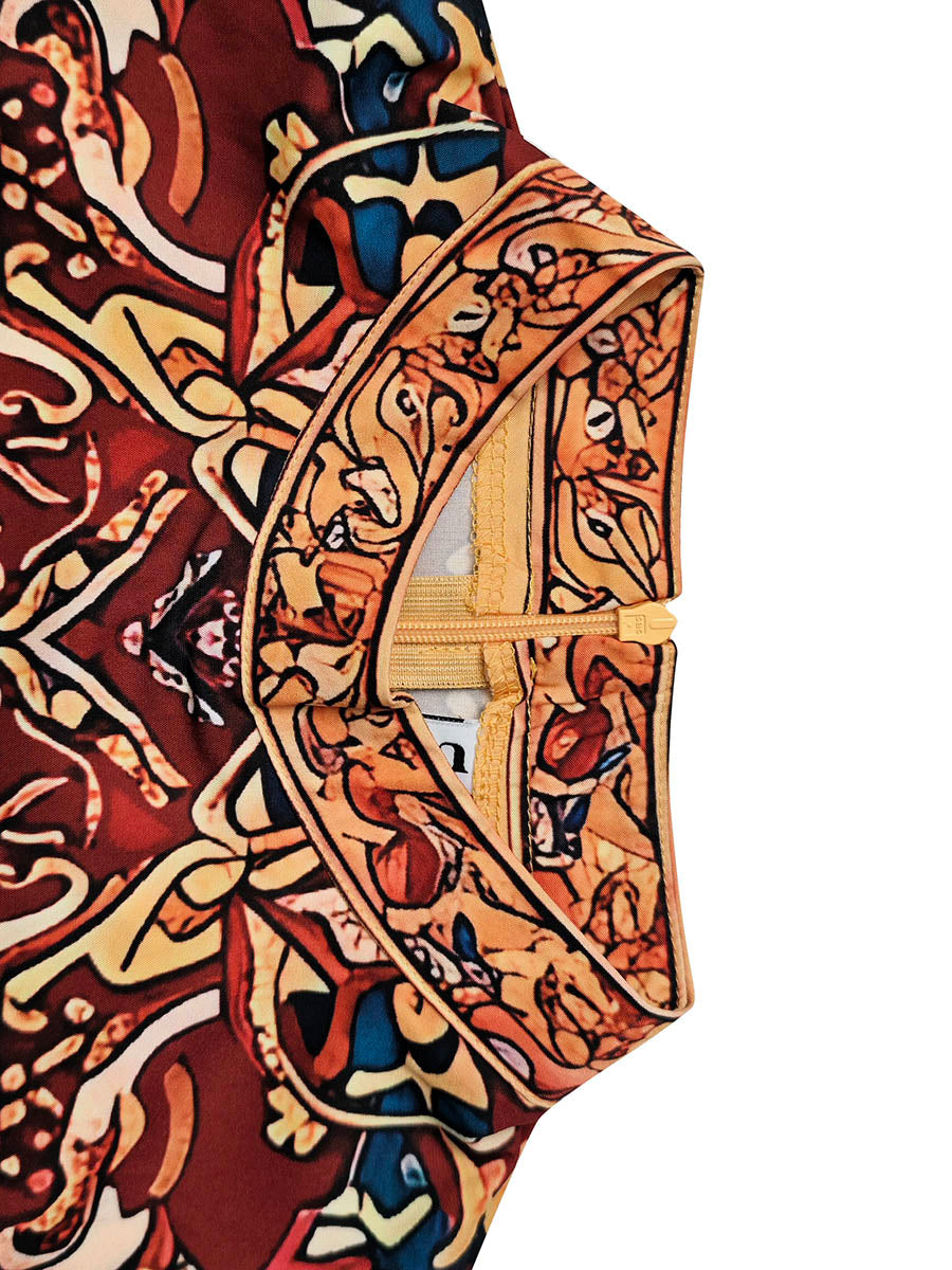 Close-up of the mock neck collar and concealed side zip on the midi dress