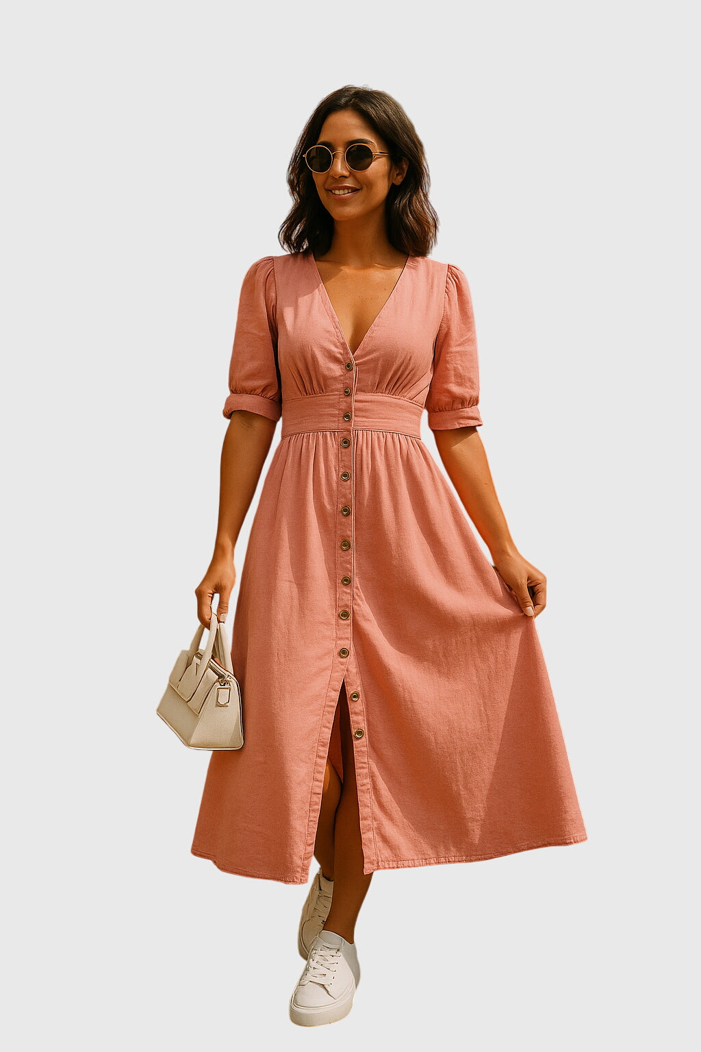Tailored waist denim dress in black, front view
