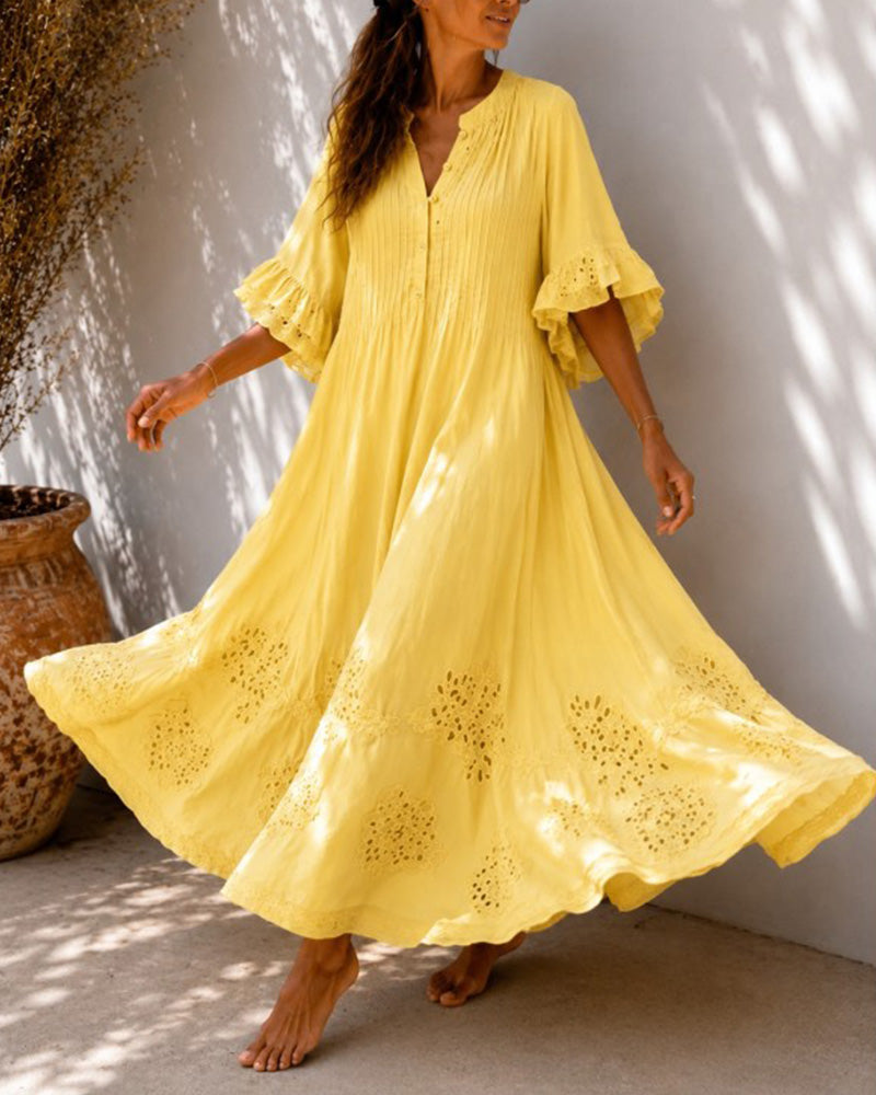 Yellow V-Neck Ruffle Shirred Midi Dress